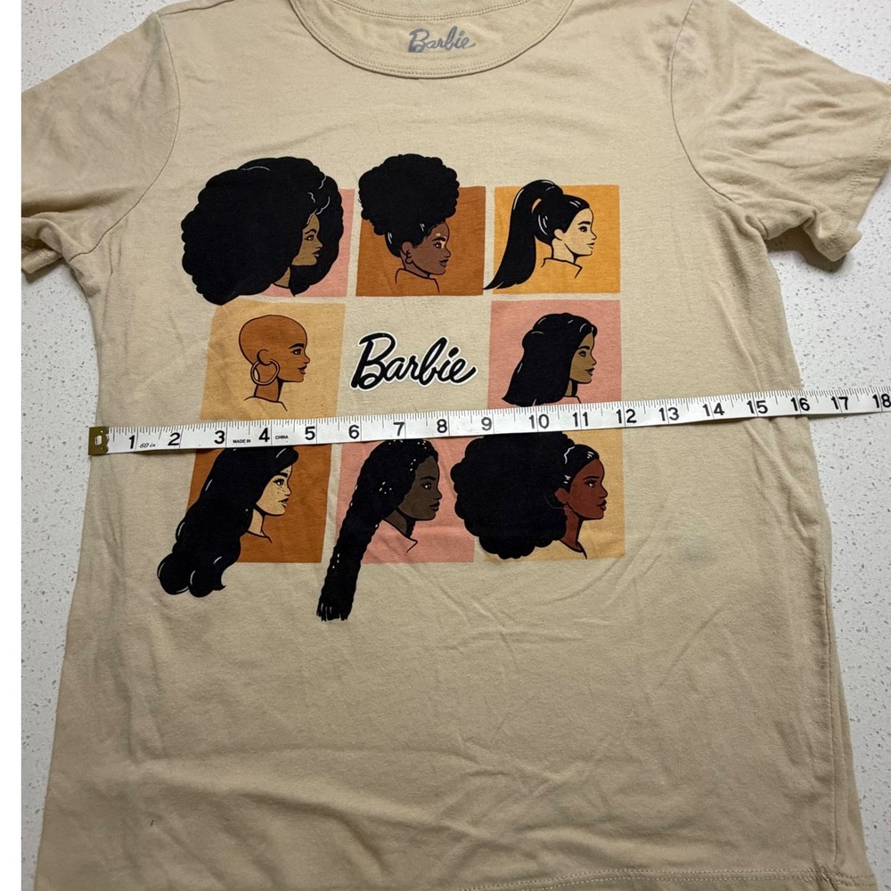 Barbie Graphic T-Shirt Tan Diverse Silhouette Hair Grid Short Sleeve XS - Picture 4 of 4